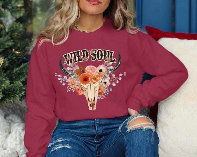 Wild Soul Sweatshirt, Floral Skull Graphic Sweatshirt, Boho Cow Skull Sweatshirt, Cute and Cozy Sweatshirt, Casual Fall Sweater