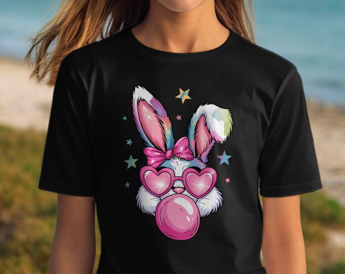 Cute Coquette Bunny T-Shirt with Heart Sunglasses and Pink Bow, Fun Bubble Gum Graphic Tee, Colorful Starry Design, Animal Lover Gift Shirt