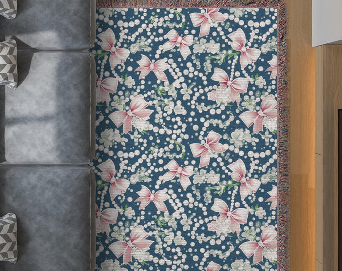 Floral Pink and Turquoise Butterfly Blanket, Cute Bow and Flower Design Blanket, Cozy Lightweight Throw Blanket for Home Decor