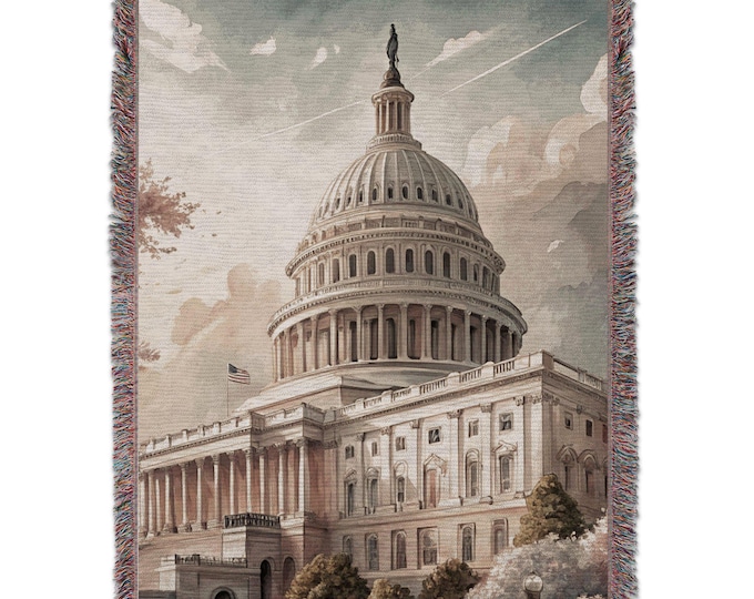 US Capitol Blankets, Washington DC Scene, Floral Blankets, Landmark Art, USA Patriotic Blankets, Capitol Building, Watercolor Illustration