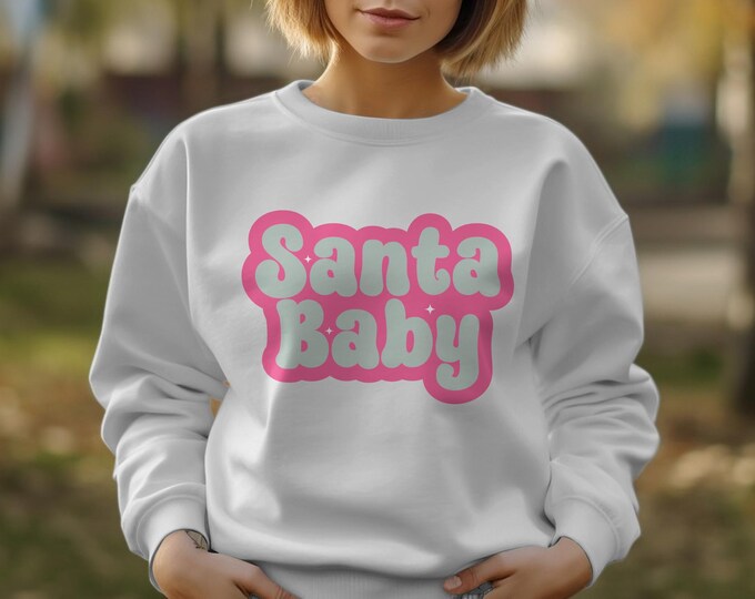 Pink Retro Santa Baby Christmas Unisex Crewneck Sweatshirt - Vintage Santa Holiday Apparel, Vintage Holiday Tees, Matching Family Shirts