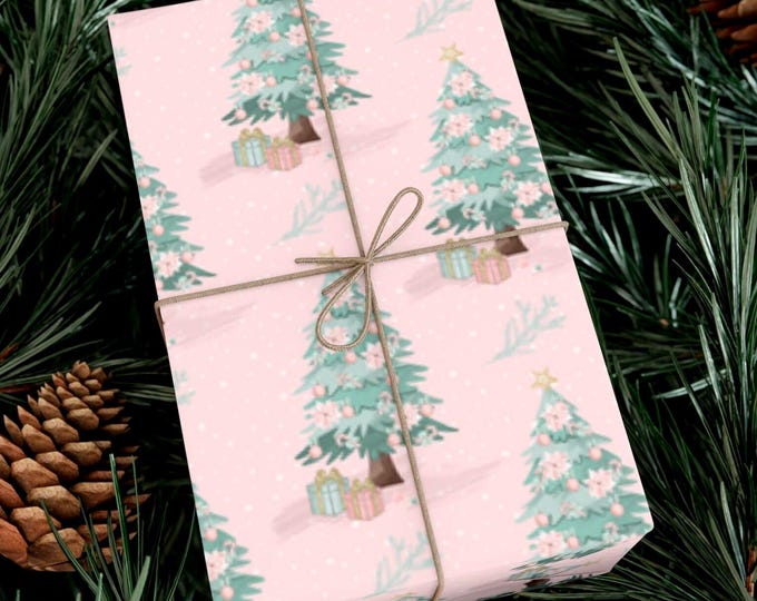 Pink Christmas Tree Wrapping Paper, Christmas Wrapping Paper, Holiday Gift Wrap, Vintage Pink Christmas,  Pink Christmas Tree Wrapping Paper