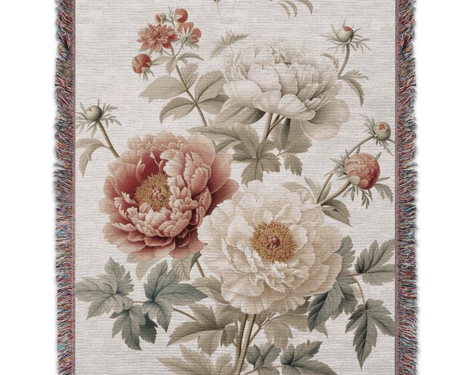 Floral Peony Woven Blanket - Cozy Botanical Throw, Soft Elegant Wall Tapestry, Outdoor Picnic Blanket & Floral Woven Rug