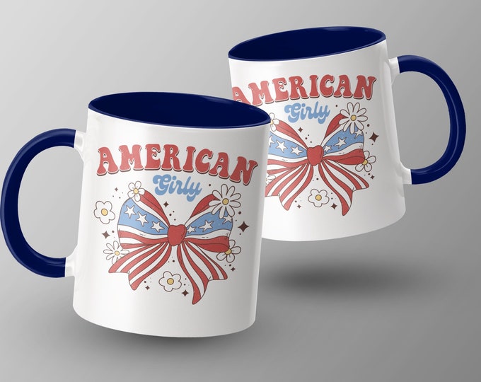 American Girly Patriotic Bow and Stars Coffee Mug, Red White and Blue, USA Themed Gift Mug, Floral Accents