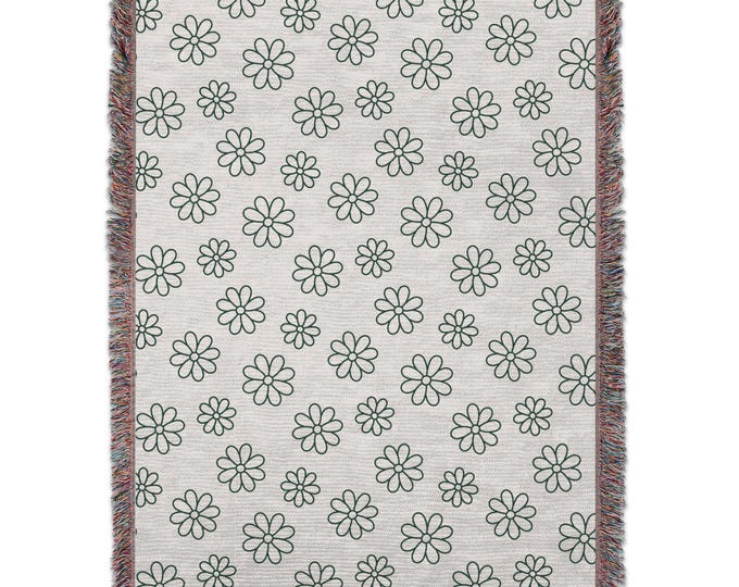 Floral pattern woven blanket, teal daisy print throw blanket, 100% cotton, 60'x80' decorative blanket with fringe for home