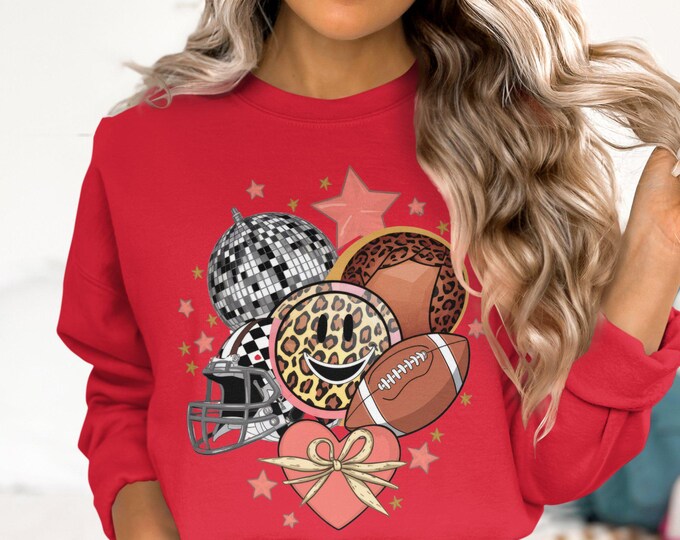 Retro Disco Ball Leopard Print Smiley Football Game Day Hoodie, Sweatshirt, & Mug, Retro Trendy Football Theme Cozy Shirts, Game Day Apparel