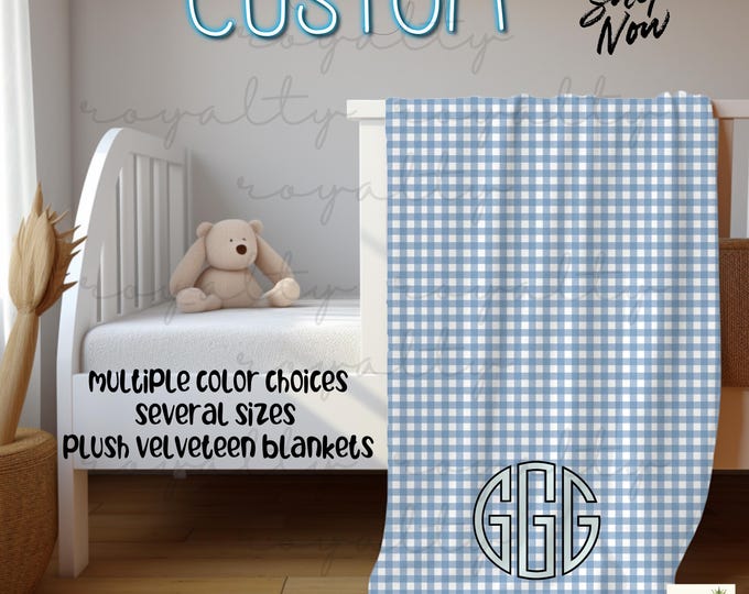 Custom Gingham Plaid Blanket with Monogram | Personalized Velveteen Throw | Baby Shower Gift | Dorm & Nursery Decor