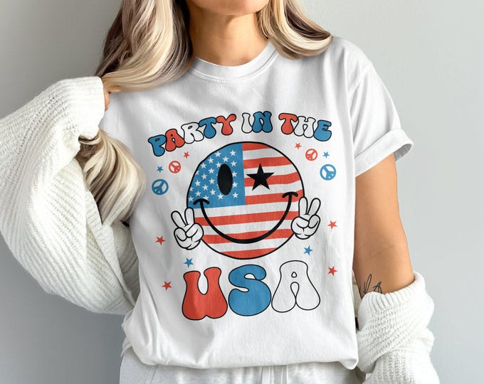 Party In The USA T-Shirt, 4th of July Shirt, American Flag Shirt, Patriotic T-Shirt, Smiley Face Shirt, Peace Sign Tee