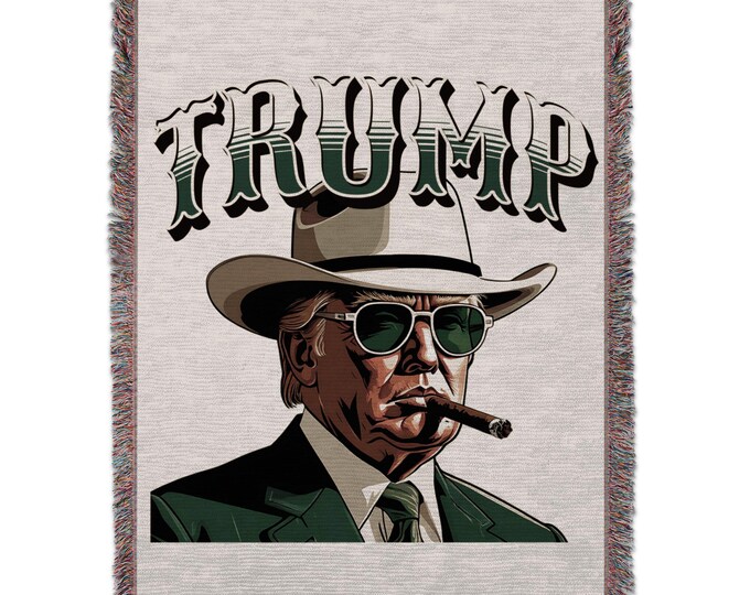 Cowboy Trump Blankets, Cigar Smoker Blanket, Patriotic American Political Novelty, Western Style Home Decor, Funny Conservative Gift