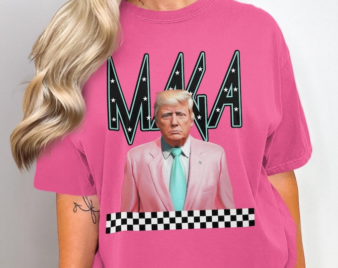 MAGA Graphic T-Shirt, Donald Trump Pink Suit Tee, Funny Political Shirt, Unique Presidential Apparel, Trendy Election Clothing
