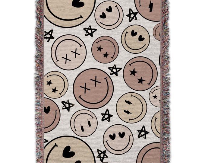 Colorful Smileys Blanket, Cute Happy Faces Throw, Cozy Smiley Face Blanket, Fun Patterned Blanket, Unique Design Blanket, Kids Blanket