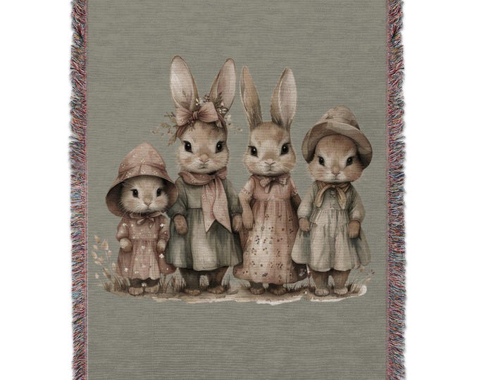 Cute Bunny Family Woven Blanket, Adorable Rabbit Illustration, Cozy Woven Throw for Kids, Perfect Gift for Baby Shower, Nursery Decor