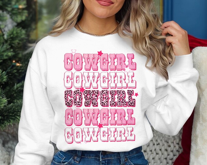 Cowgirl Graphic Sweatshirt, Western Theme Outfit, Pink Cowgirl Sweater, Country Style Sweatshirt, Trendy Cow Print Design
