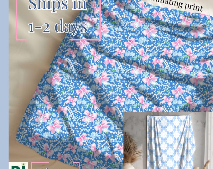 Coquette Blue with Pink Bows & Pearls Two-Sided Print Velveteen Blanket,  Preppy Blue Bows Soft Throw, Gift for New Mom, Baby Shower Gift