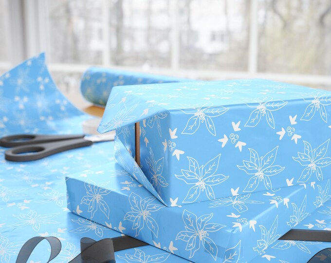 Botany Blue Floral Christmas Wrapping Paper:{Gift Wrap, Birthday, Holiday, Christmas}Custom Gift Wrap, Blue Floral Holiday Paper