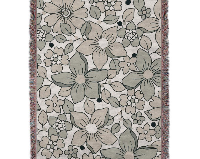 Vintage Sage Green Floral Blankets, Retro Flower Pattern Throw Blanket, Floral Tapestry, Vintage Style Bedding, Botanical Blanket, Cozy Gift