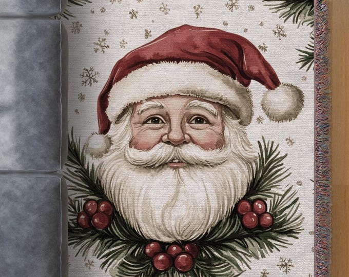 Vintage Christmas Woven Blanket with Santa Claus Design Holiday Decor Soft Throw Festive Winter Blanket Christmas Gift Idea