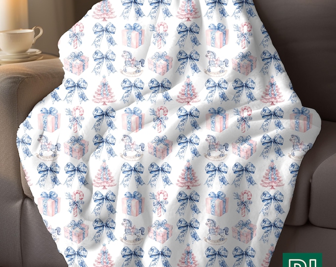 Coquette Blue Bow and Pink Christmas Tree Sherpa Blanket, Grand Millennial Style Throw Blanket, Blanket for New Mom, Winter Newborn Blanket