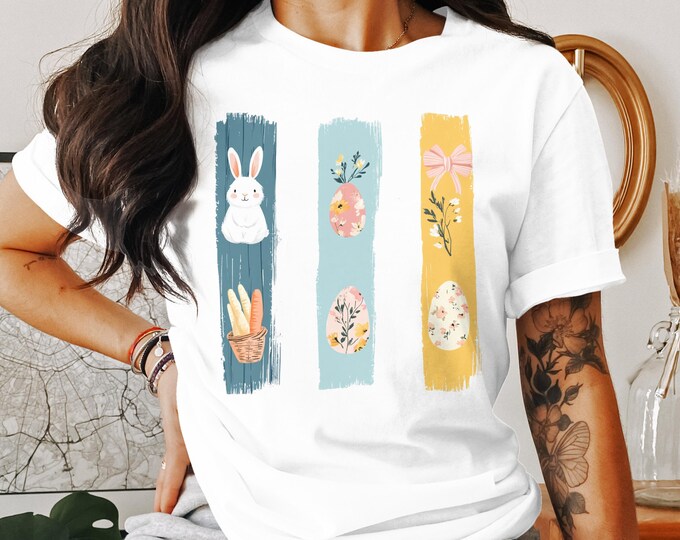 Cute Bunny Easter Eggs Floral Sweatshirt, Spring Carrots Flowers Graphic Tee, Holiday Animal Art Gift, Cozy Casual Top
