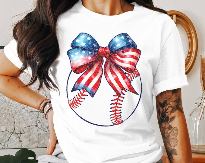 Coquette Patriotic Baseball T-Shirt, American Flag Bow Design Shirt, 4th of July Baseball Tee, USA Sports Fan Shirt, Independence Day Gift