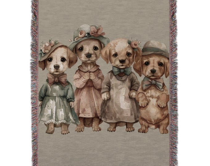 Woven Dressed up Dogs Throw Blanket | Cottagecore Puppy Decor | Vintage Farmhouse Aesthetic Dog Tapestry Decor