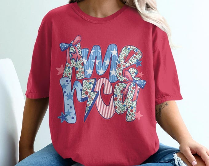 American Patriotic Graphic Tee, Stars and Stripes USA Shirt, Vintage Floral America T-Shirt, Red White Blue Bow Decor