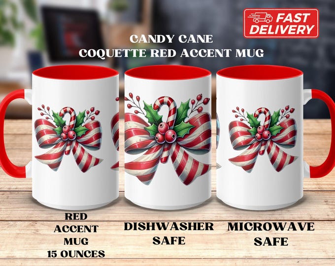 Coquette Candy Cane Bow Mug | Christmas Holiday Bow Mug | Girly Holiday Gift | Holiday Cheer Coffee Mug | Coquette Aesthetic Hot Cocoa Mug