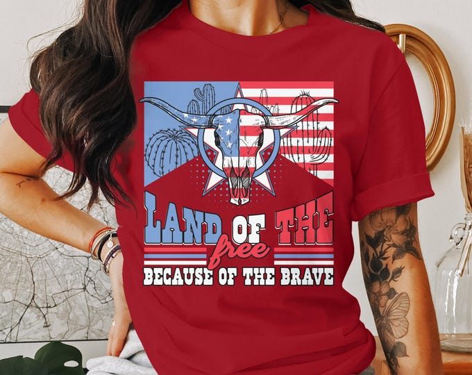 Land of the Free Because of the Brave T Shirt, Coquette Patriotic Boots, Bows, and Berries Shirt, Preppy Coquette Tees