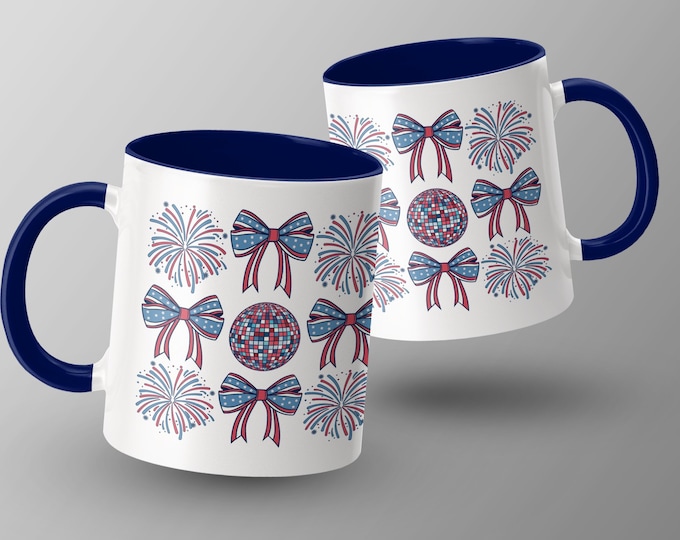 Patriotic Fireworks and Bows Coffee Mug, American Independence Day Celebration, July 4th Decorative Drinkware