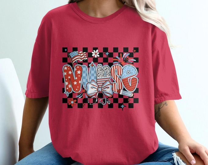 Patriotic Nurse Comfort Colors T-Shirt, Nurse Life Tee, American Flag Nurse Shirt, Checkered Pattern Nurse T-Shirt, Nurse Appreciation Gift