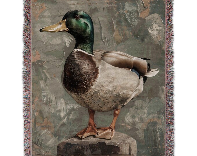 Mallard Duck Graphic Woven Blanket Cozy Cotton Woven Yarn Fringe Blanket Farmhouse Decor Animal Print Blanket