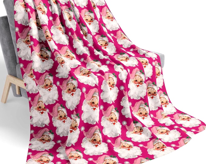 Vintage Pink Santa Sherpa Blanket - Cozy Christmas Holiday Throw, Warm Winter Bedspread, Festive cmas Home Decor Gift, Soft Plush Lap