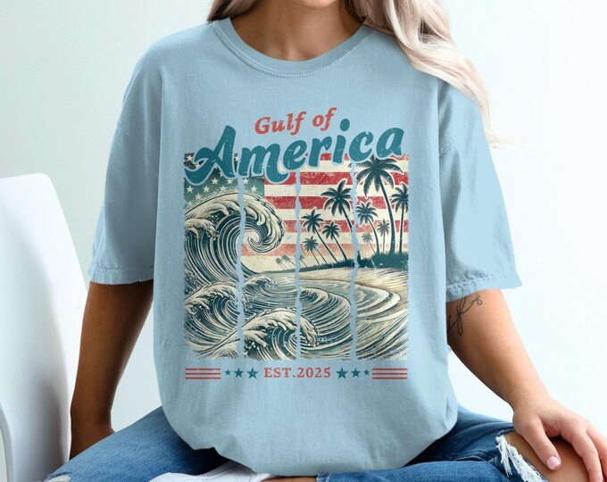 Vintage Gulf of America T Shirt, Retro Beach Wave Graphic Tee, Palms and Waves Shirt, USA Flag Summer Shirt, EST 2025 T Shirt