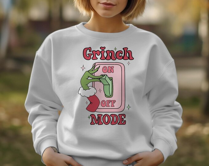 Pink Retro Grinch Mode On Christmas Unisex Sweatshirt - Funny Grinch Holiday Apparel, Matching Family Shirts, Funny Grinch Mug