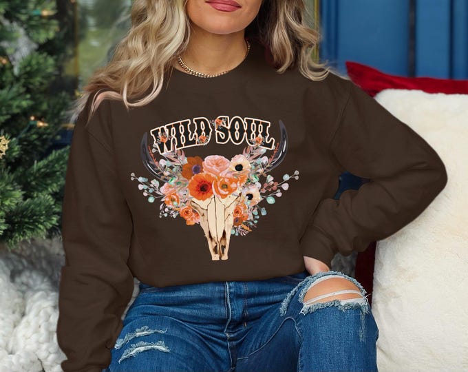 Wild Soul Sweatshirt, Floral Skull Graphic Sweatshirt, Boho Cow Skull Sweatshirt, Cute and Cozy Sweatshirt, Casual Fall Sweater