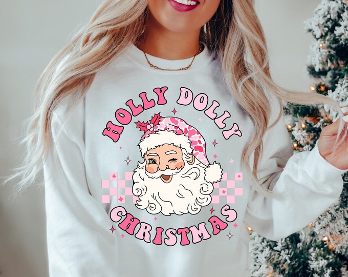Pink Retro Christmas Unisex Crewneck Sweatshirt - Vintage Santa, Holly Dolly Christmas, Vintage Holiday Mugs,  Matching Family Shirts