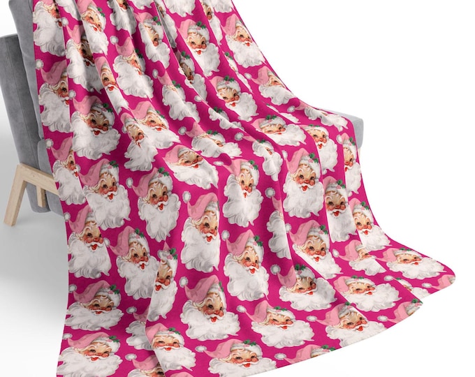 Vintage Pink Santa Sherpa Blanket - Cozy Christmas Holiday Throw, Warm Winter Bedspread, Festive cmas Home Decor Gift, Soft Plush Lap