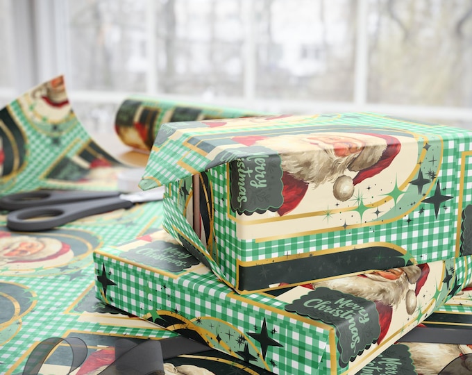 Vintage Santa Wrapping Paper Green Gingham Plaid Holiday Gift Wrap Roll Festive Luxury Christmas Gift Packaging, High-Quality Gift Wrap