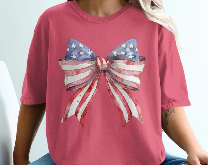 Patriotic American Flag Bow Tee, Fourth of July Shirt, USA Pride T-Shirt, Independence Day Outfit, Red White Blue Apparel, Stars and Stripes