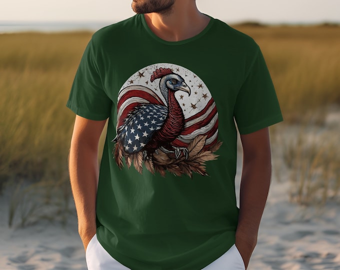 American Flag Turkey T-Shirt, Patriotic Animal Design Tee, Unique Thanksgiving Shirt, USA Pride Apparel, Men's and Women's Clothing