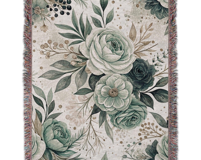 Floral watercolor blanket, cozy home decor, beautiful teal and gold flowers, elegant bedspread, garden blooms throw, plush couch cover