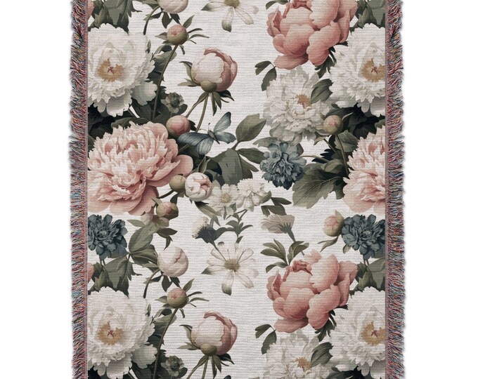 Floral Blanket, Peony Flower Blanket, Botanical Blanket, Butterfly Art Blankets, Garden Lover Gift, Nature Inspired Blankets