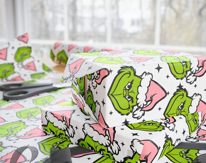 Neon Green Grinch with Pink Santa Hat Gift Wrap, Grinch Wrapping Paper, Christmas Grinch Gift Wrap, Custom Grinch Paper