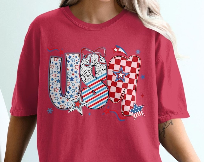USA Patriotic TShirt, Coquette Comfort Colors Fourth of July Tee, Independence Day Top, Stars and Stripes Graphic, Red White Blue