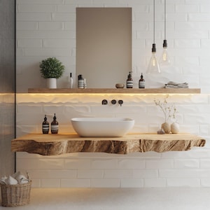 Handcrafted live edge bathroom vanity shelf rustic floating vanity desk shelf wall mounted brackets bathroom decor housewarming gift