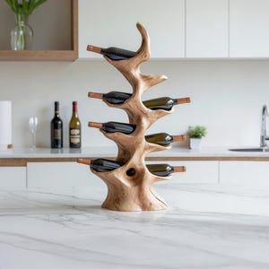 Rustic wine bottle holder handcrafted solid wood wine rack countertop farmhouse wine stand for modern kitchen or home bar decor