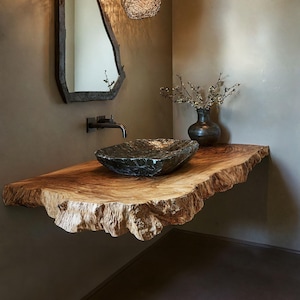 Handcrafted live edge bathroom vanity shelf rustic floating vanity desk shelf wall mounted brackets bathroom decor housewarming gift