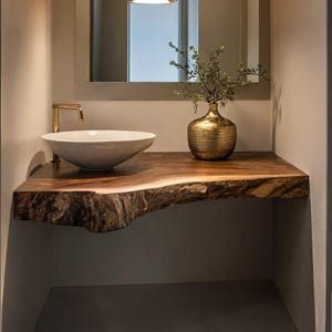 Handcrafted live edge bathroom vanity shelf rustic floating vanity desk shelf wall mounted brackets bathroom decor housewarming gift