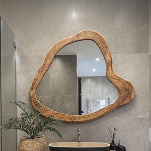 Handmade asymmetrical mirror rustic irregular mirror farmhouse mid century modern mirror handcrafted bathroom mirror wood mirror for wall