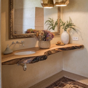 Handcrafted live edge bathroom vanity shelf rustic floating vanity desk shelf wall mounted brackets bathroom decor housewarming gift